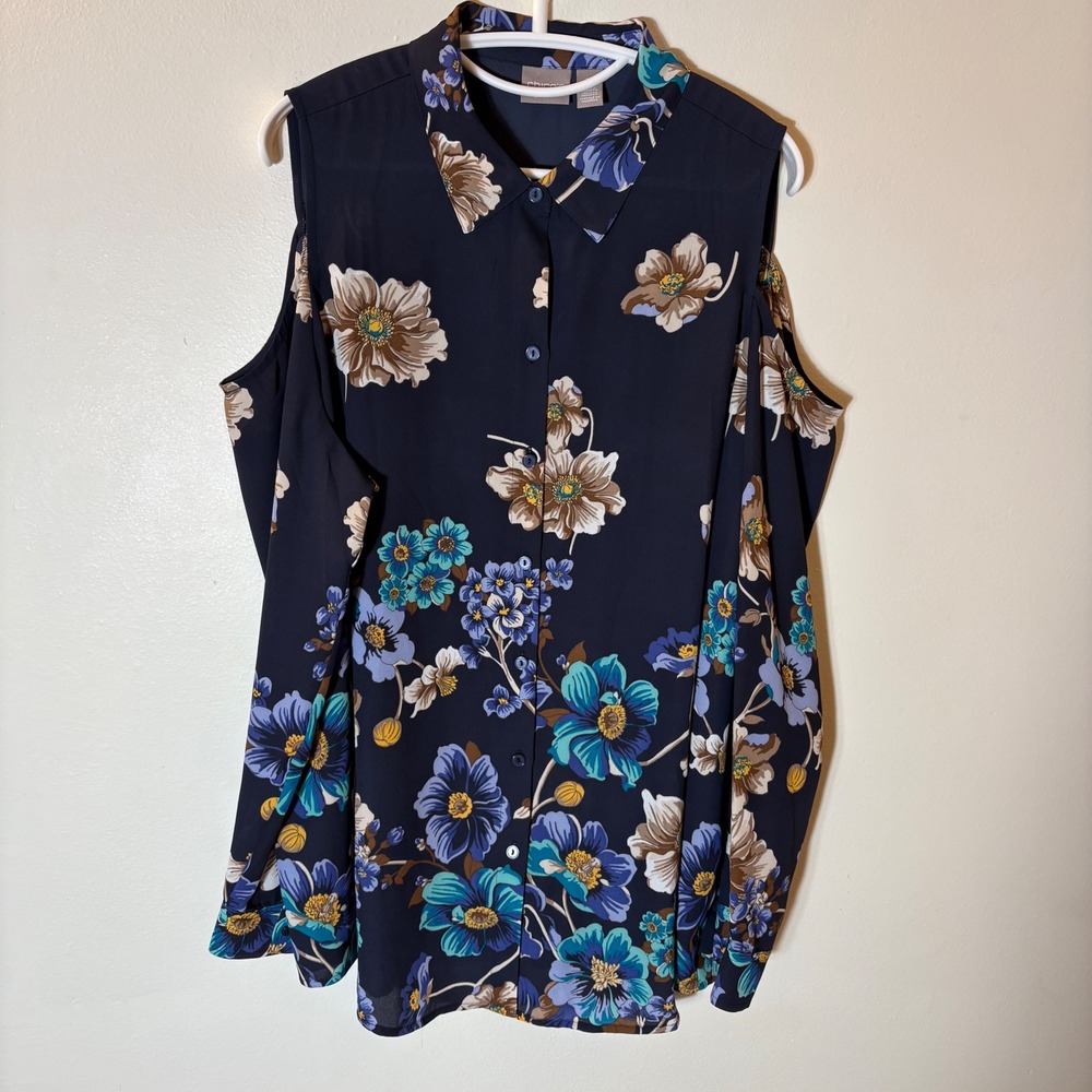 Chico's‎ Navy Floral Cold Shoulder Button Down Blouse Size 3 XL 16